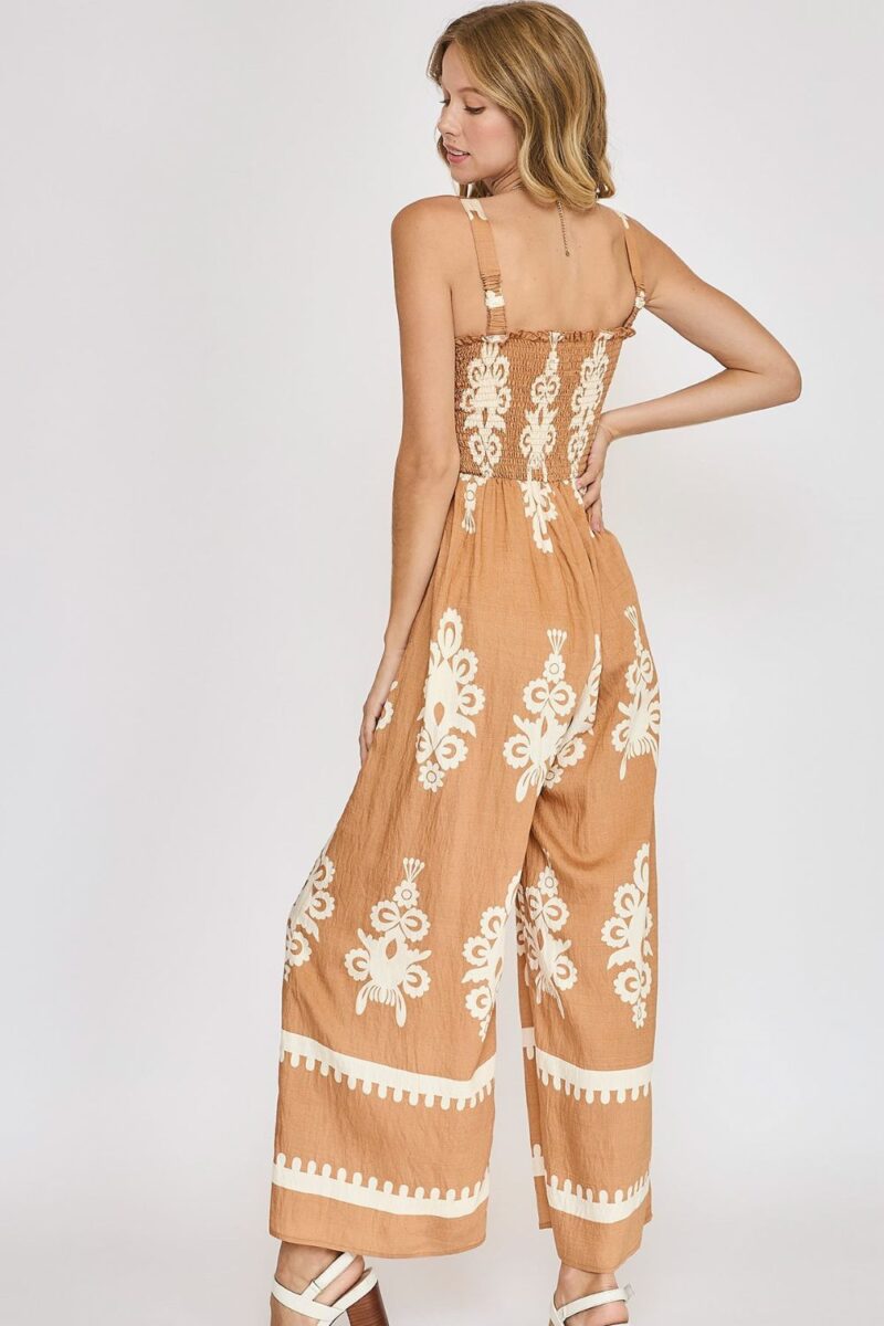 Umgee Full Size Smocked Printed Wide Leg Jumpsuit Plus Size - Image 2