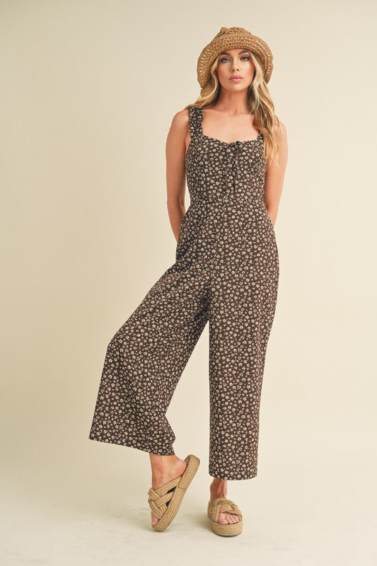 Aemi + Co Floral Sweetheart Neck Wide Leg Jumpsuit