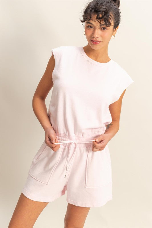 HYFVE Round Neck Cap Sleeve Drawstring Waist Romper