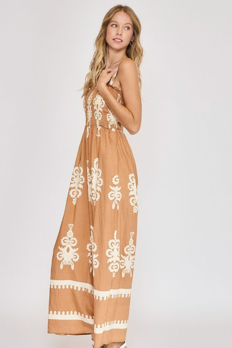 Umgee Full Size Smocked Printed Wide Leg Jumpsuit Plus Size - Image 3